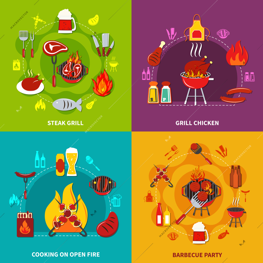 Set with different cartoons concerning cooking on open fire steak grill and grill chiken on barbecue party vector illustration