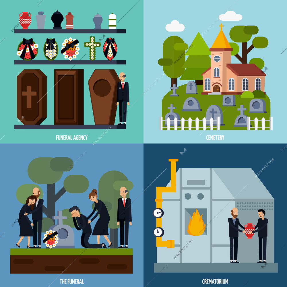 Colored and flat funeral services icon set with funeral agency cemetery crematorium descriptions vector illustration