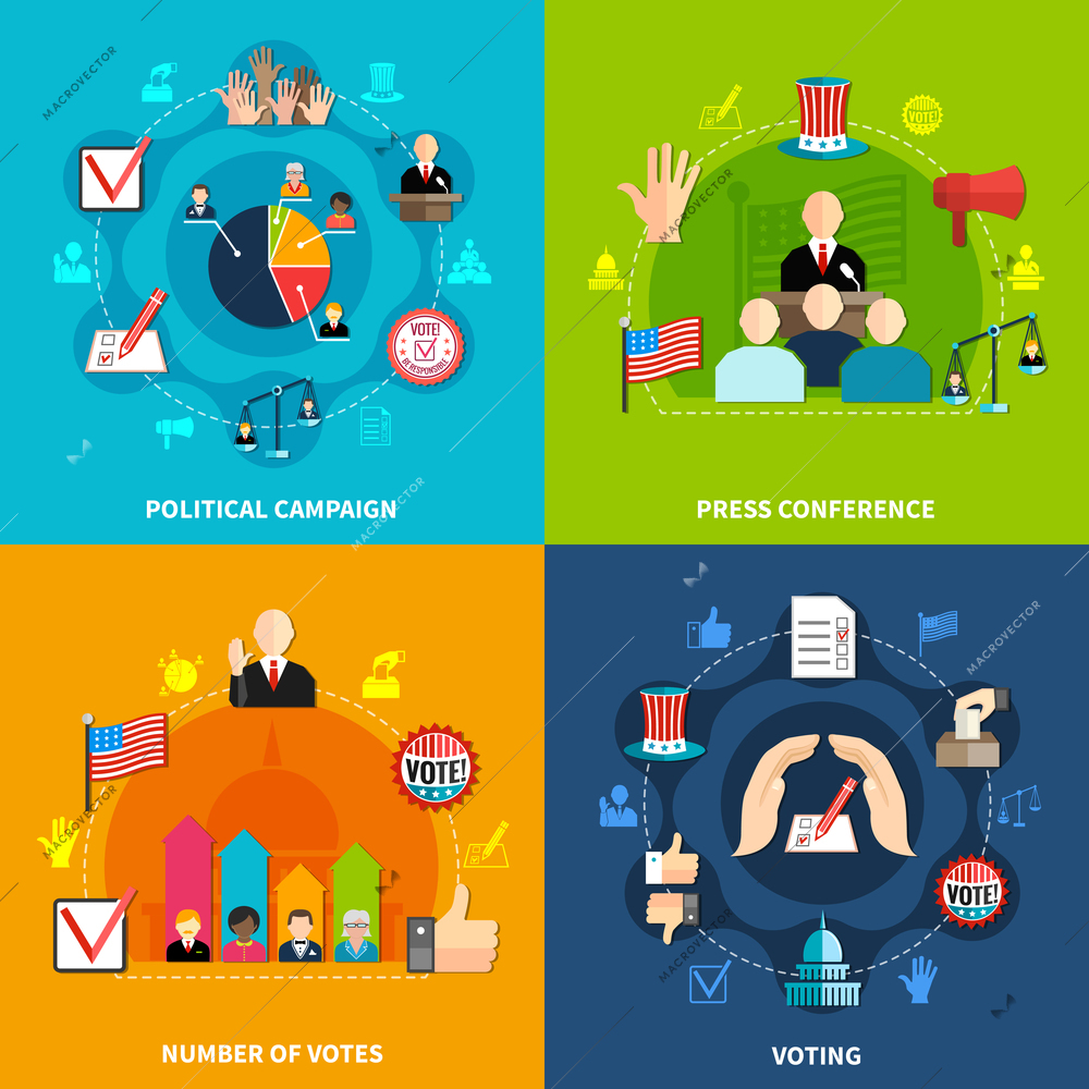 Elections design concept set 2X2 with voting, political debate and agitation flat vector illustration