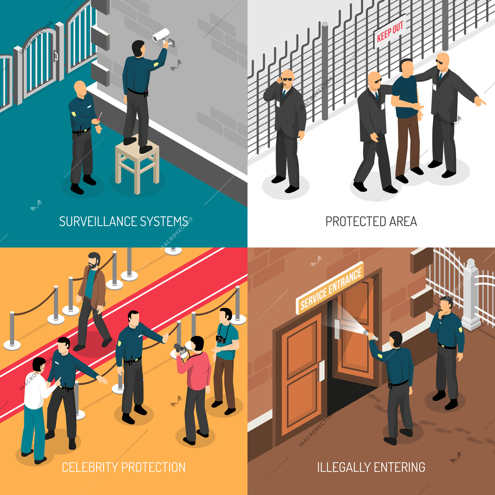 Celebrities bodyguards professional protective security service daily activities concept 4 isometric icons square poster isolated vector illustration