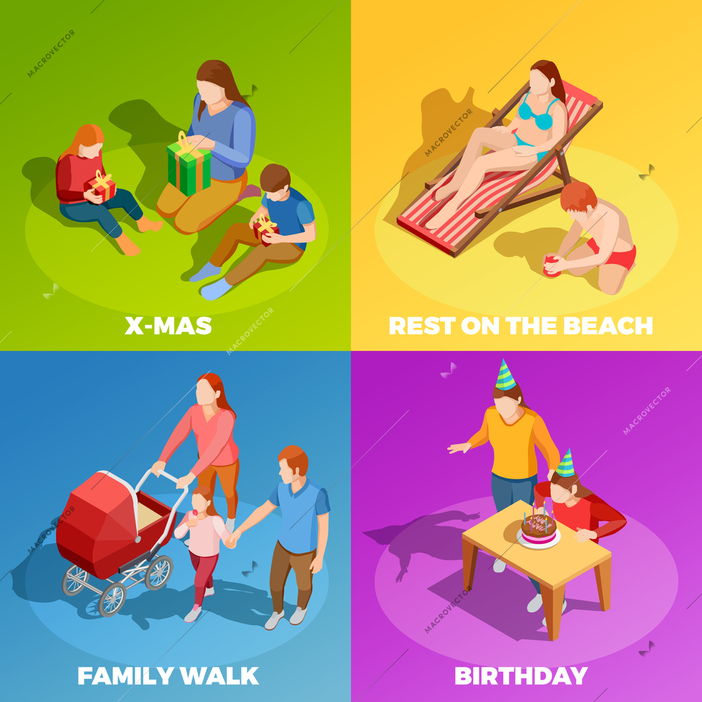 Family holidays birthday celebration vacations outdoor activities 4 isometric icons square with vibrant color background isolated vector illustration