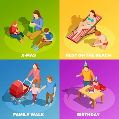 Family holidays birthday celebration vacations outdoor activities 4 isometric icons square with vibrant color background isolated vector illustration