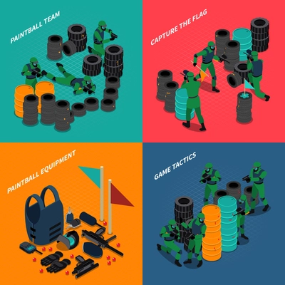 Paintball isometric compositions with equipment and team of players capture flag and game tactics isolated vector illustration