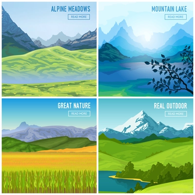 Nature landscape concept with four square outdoor compositions of mountains drawn images and read more button vector illustration