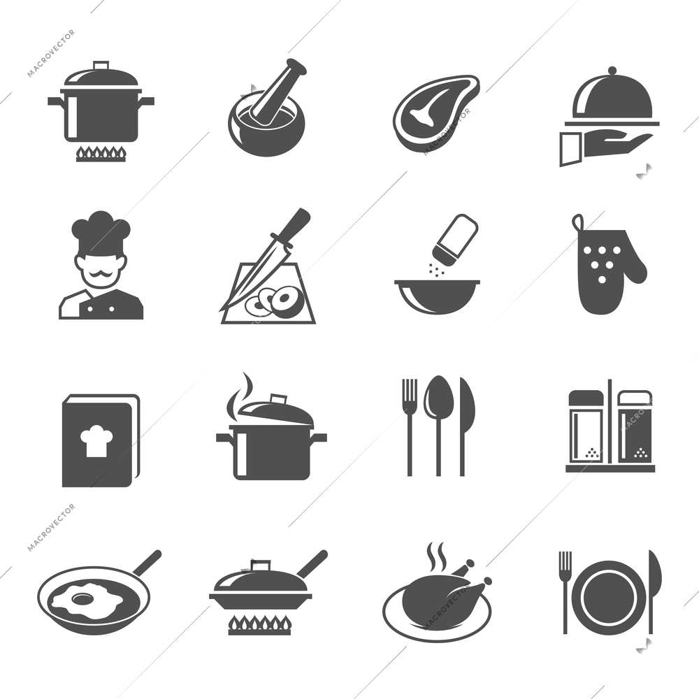 Cooking kitchen and restaurant icons set with utensil chef and food isolated vector illustration