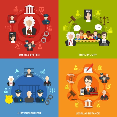 Four square flat law icon set with justice system trial by jury and others descriptions vector illustration