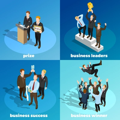 Successful leading business projects managers winners concept 4 isometric icons square with prize money award  isolated vector illustration