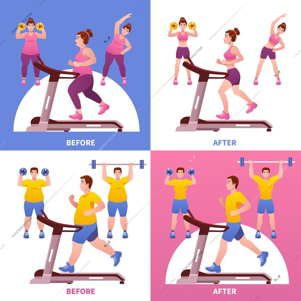 Four square colored and isolated fitness design concept with before and after descriptions vector illustration