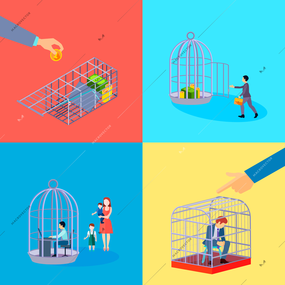 Set of square cage office business money conceptual compositions with financial worker character languish in detention vector illustration