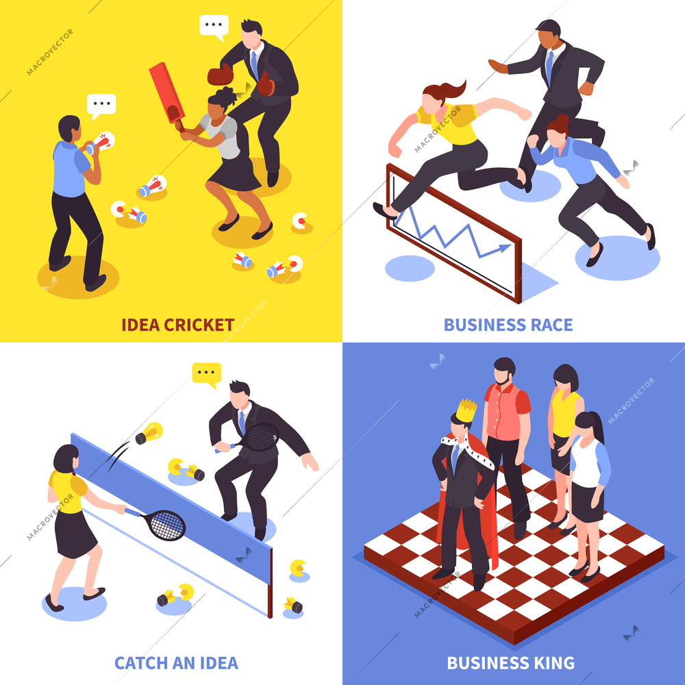 Flat competition business icon set with idea cricket business race catch an idea and business king descriptions vector illustration