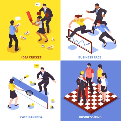 Flat competition business icon set with idea cricket business race catch an idea and business king descriptions vector illustration