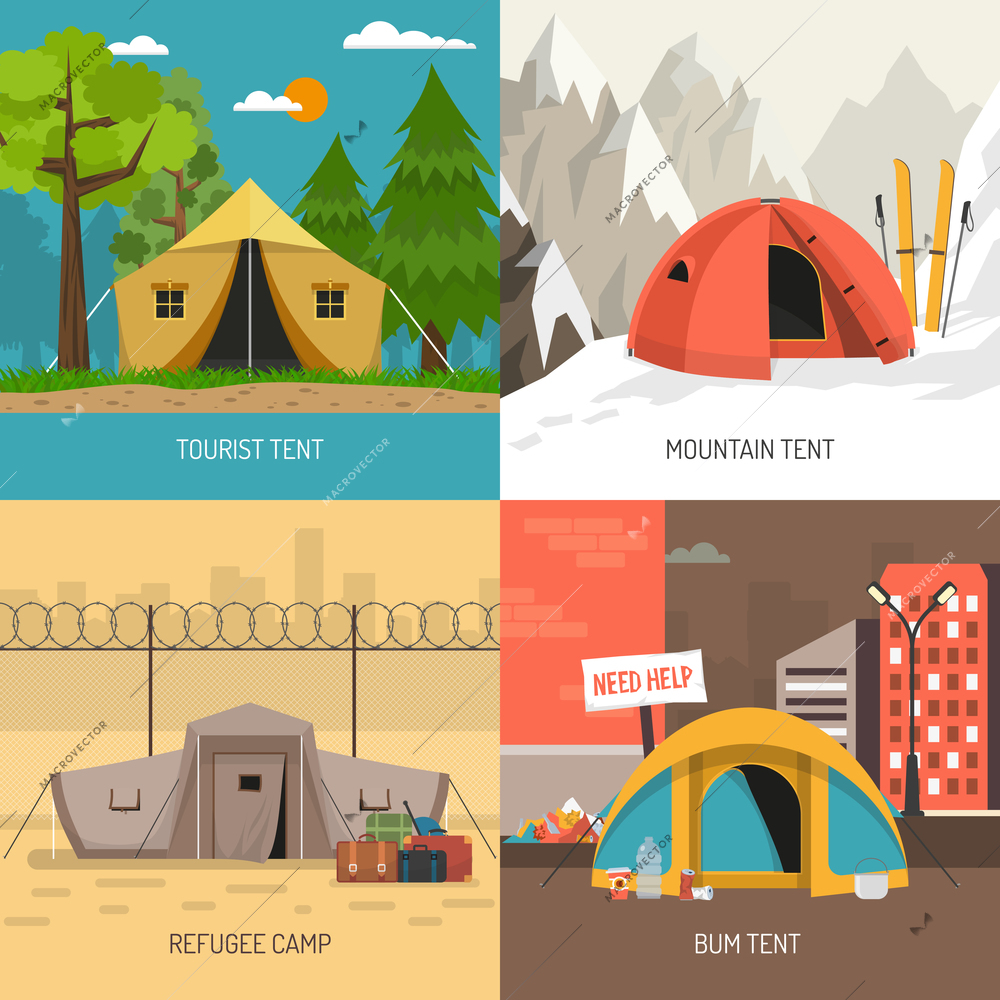 Camping tent concept 4 icons square design with family summer and winter sportive models isolated vector illustration