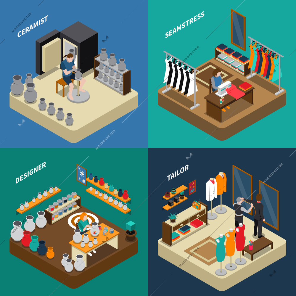 Craftsman isometric compositions with potter and designer with ceramics seamstress and tailor with clothing isolated vector illustration