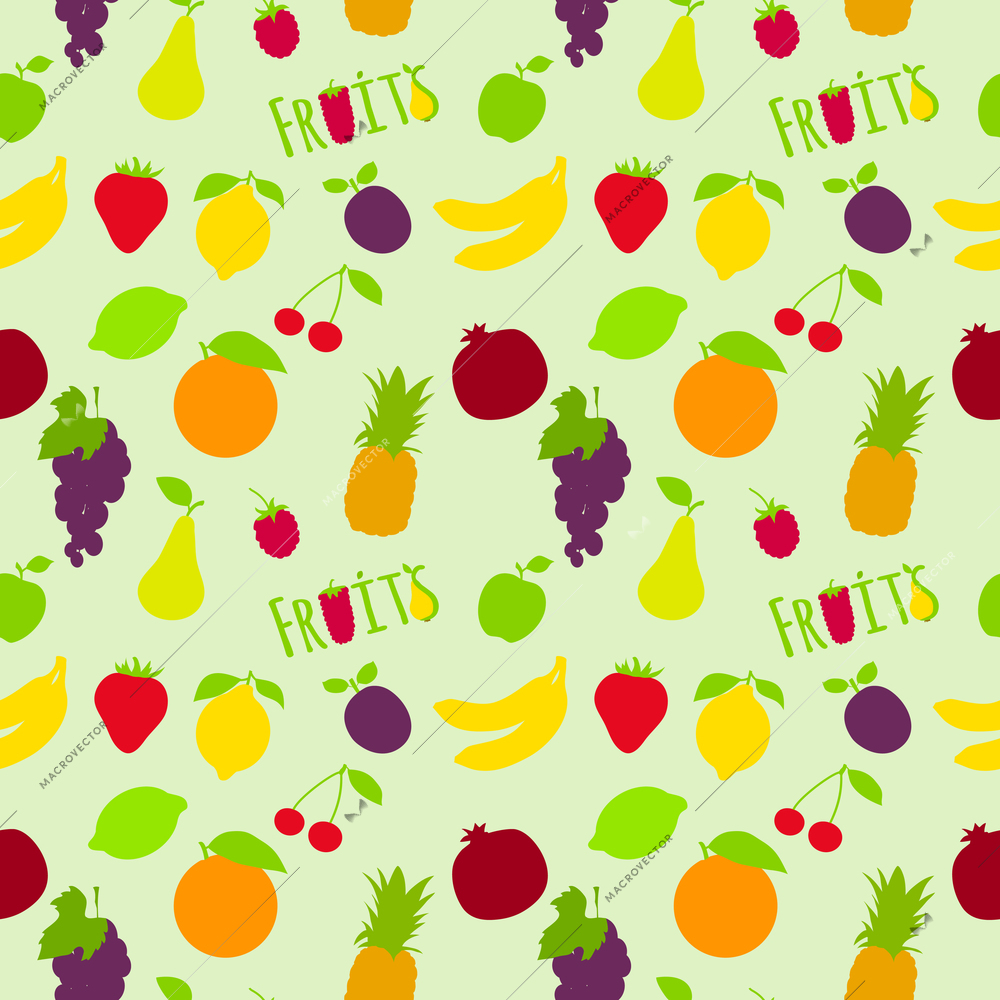 Fresh natural fruit seamless pattern with pineapple plum pear cherry vector illustration