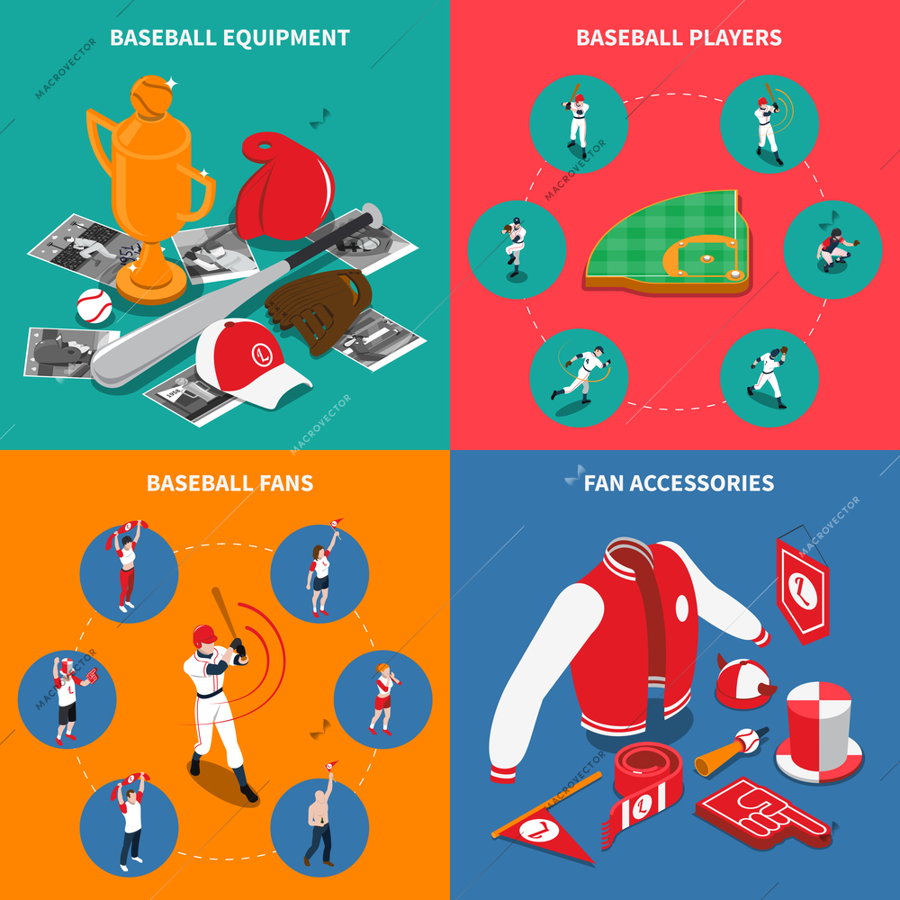 Baseball isometric concept with players and sports equipment game fans and their accessories isolated vector illustration