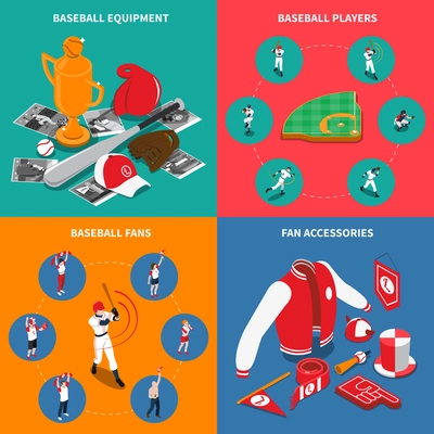 Baseball isometric concept with players and sports equipment game fans and their accessories isolated vector illustration