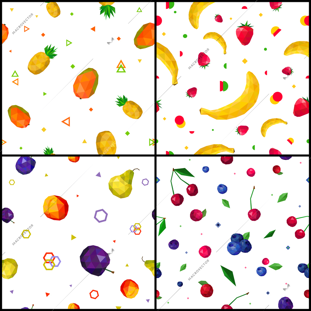 Colorful polygonal fruits and geometric figures 4 seamless patterns on white background icons square composition isolated vector illustration