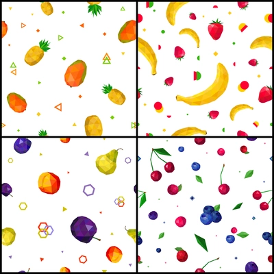 Colorful polygonal fruits and geometric figures 4 seamless patterns on white background icons square composition isolated vector illustration