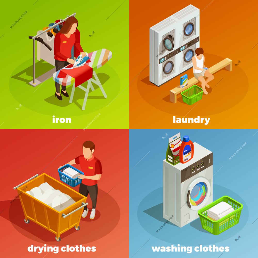 Colorful laundry ironing drying washing and cleaning clothes 2x2 isometric composition isolated vector illustration