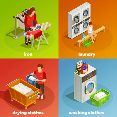 Colorful laundry ironing drying washing and cleaning clothes 2x2 isometric composition isolated vector illustration