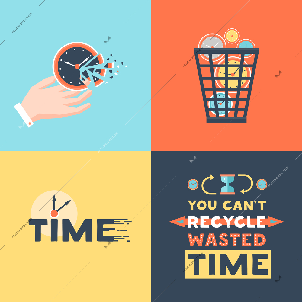 Wasted time concept 4 flat icons square  with useless activities  trash basket and clock symbols vector illustration