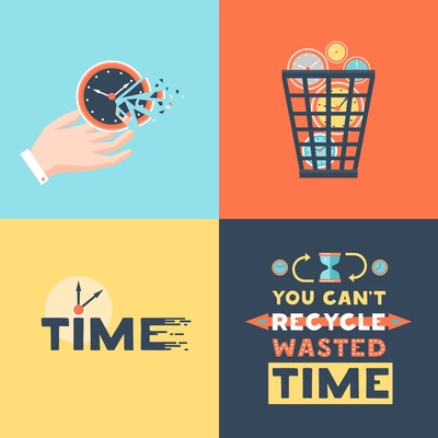 Wasted time concept 4 flat icons square  with useless activities  trash basket and clock symbols vector illustration