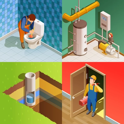 Plumber fixing problem concept 4 colorful isometric icons square with unclogging toilet with plunger isolated vector illustration