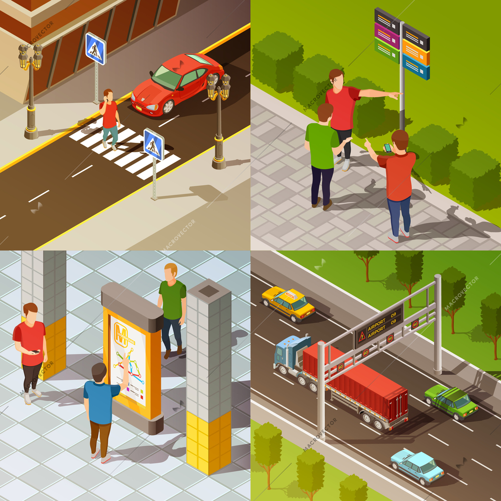 Colorful city navigation 2x2 isometric composition isolated vector illustration