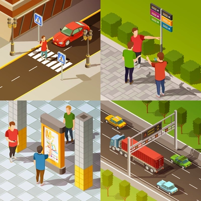 Colorful city navigation 2x2 isometric composition isolated vector illustration