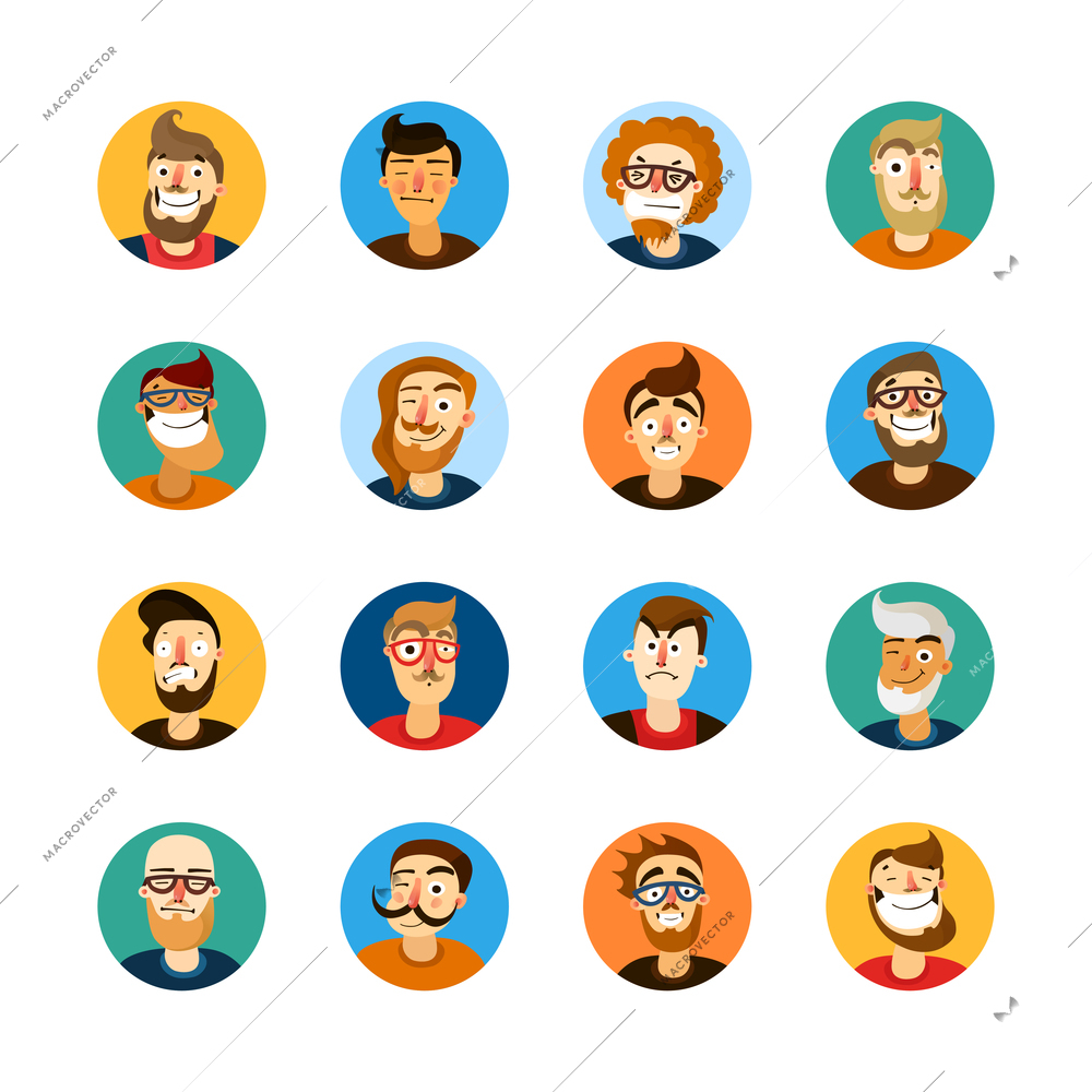 Men faces expressing different emotions colorful userpic set isolated on white background cartoon vector illustration