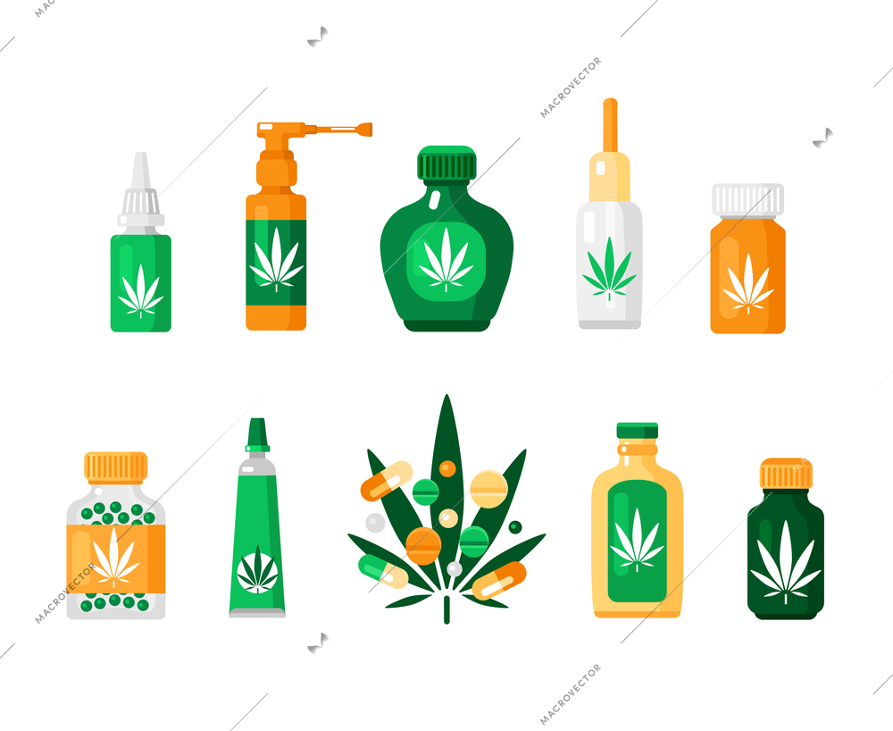 Colored pharmacy cannabis composition in flat style with different types of drugs and methods of using vector illustration