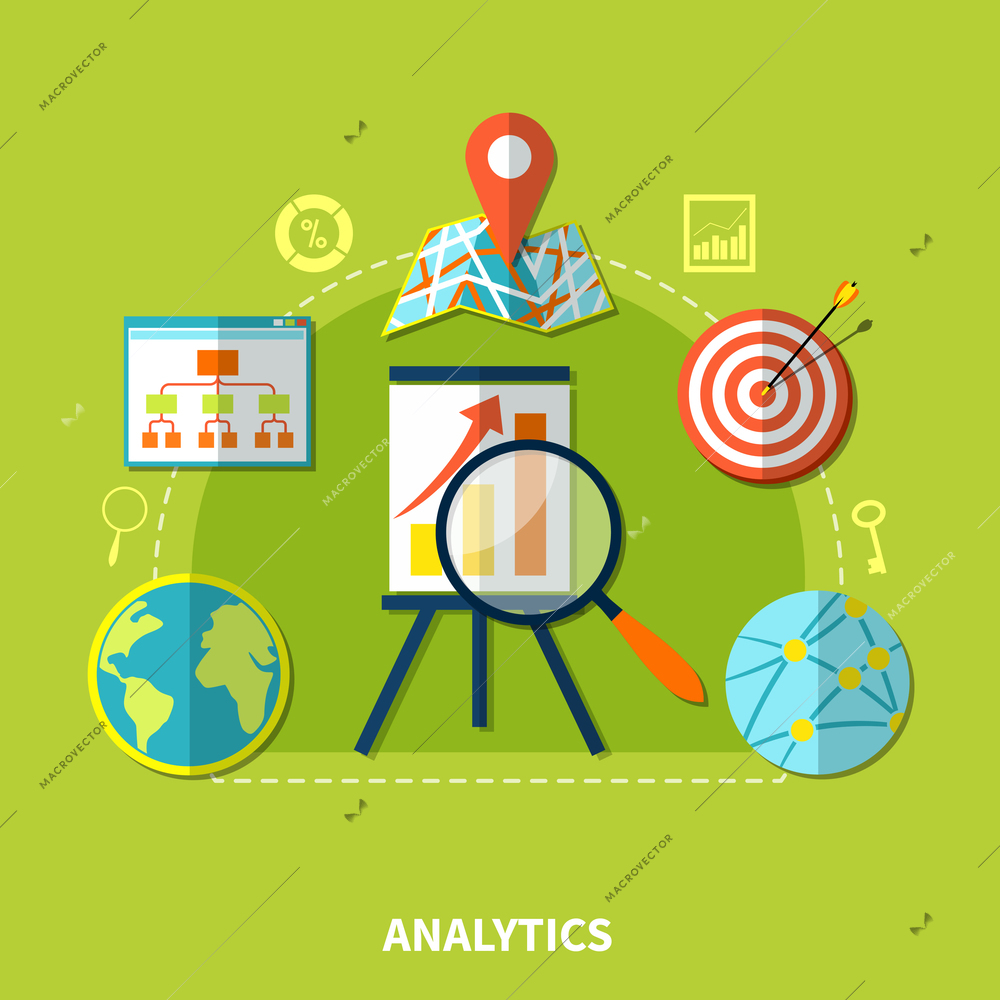 Analytics composition for website search optimization with internet networking and location images key percentage silhouette icons vector illustration