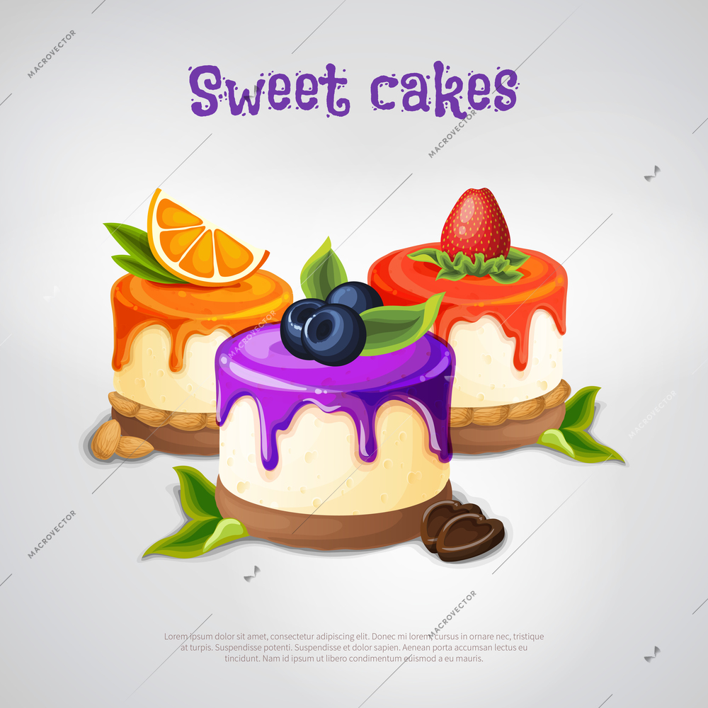 Composition from sweet glazed cakes decorated green leaves fruits and chocolate hearts on light background vector illustration