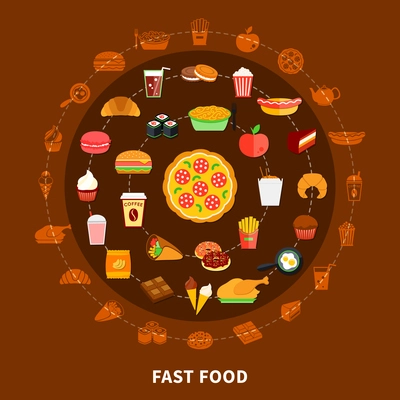 Fast food menu icons circle composition with salami pizza center on chocolate brown background poster vector illustration
