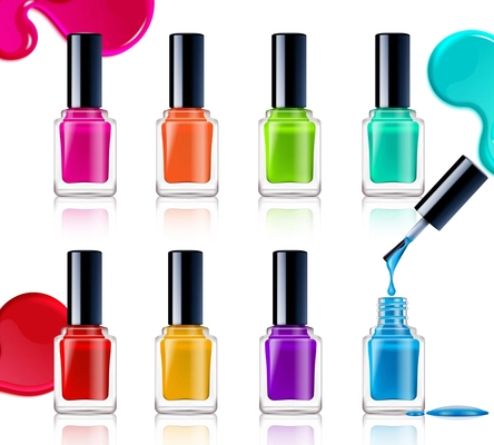 Nail polish assortment of beautiful bright colors on white background with colorful drops realistic vector illustration