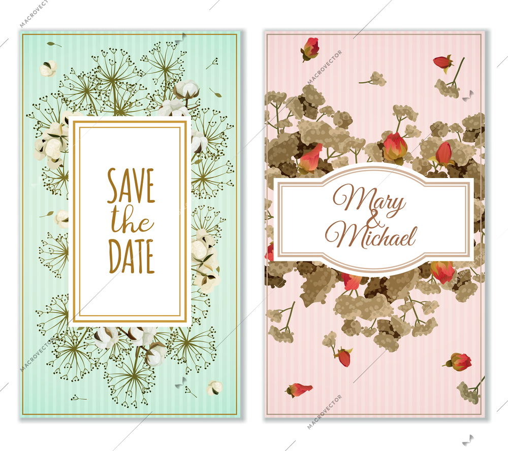 Two variants of printable marriage invitation cards in pastel colors with dry flowers vintage decoration vector illustration