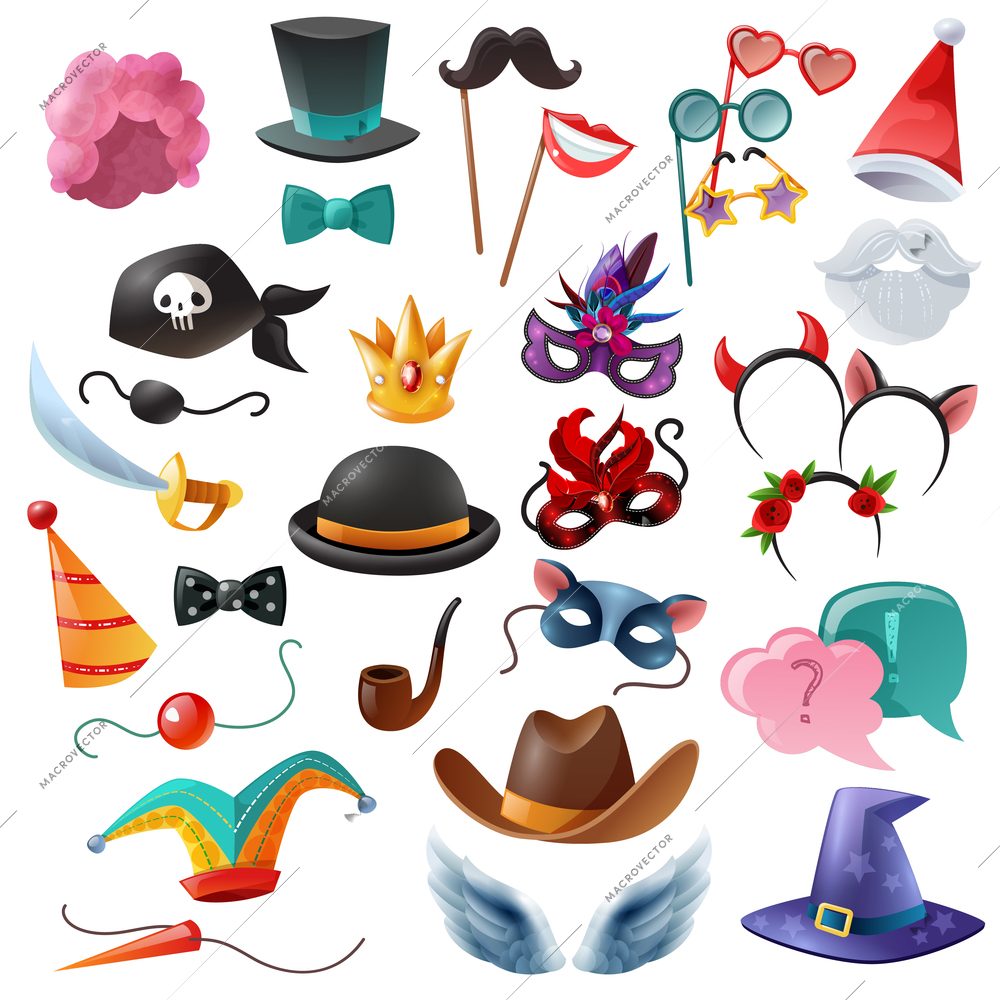 Collection of isolated cartoon icons with props for masquerade so as mask monocle bowler cylinder nose moustache vector illustration