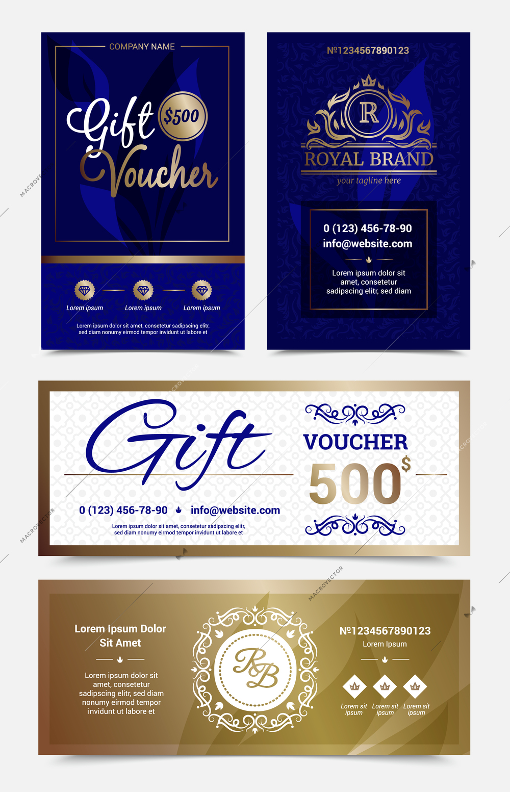 Set of gift voucher design in golden blue colors with monograms and ornate decorations isolated vector illustration