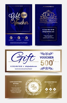 Set of gift voucher design in golden blue colors with monograms and ornate decorations isolated vector illustration