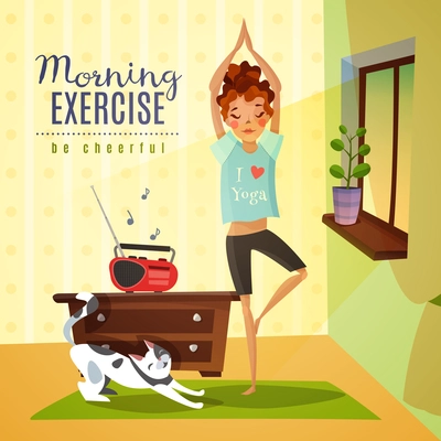 Morning awakening cartoon composition with young girl doing gymnastic fitness exercises to music flat vector illustration