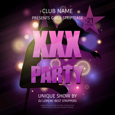 Party poster strip xxx adult striptease show with dancing woman body silhouette and editable text announcement vector illustration