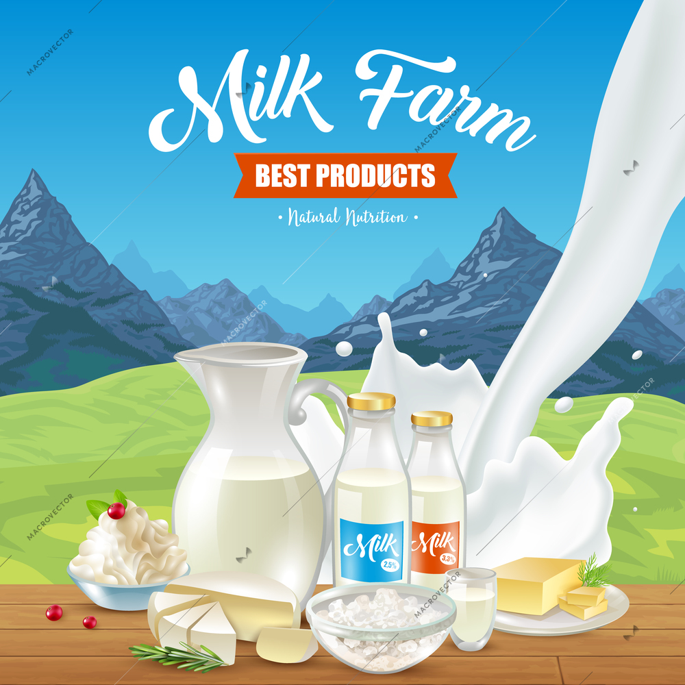 Milk product poster advertising background with wild nature mountain landscape and wooden table with farm diet vector illustration