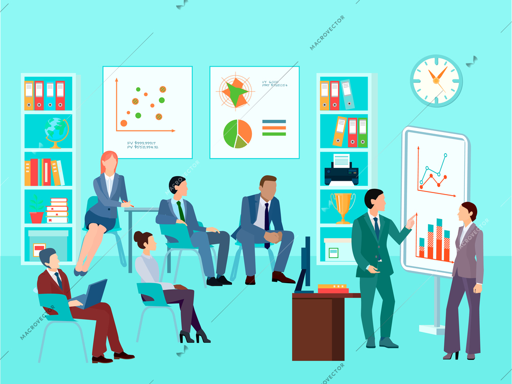 Statistics analytics business worker characters meeting composition with staff working session toolbox talk graphs and diagrams vector illustration