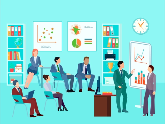 Statistics analytics business worker characters meeting composition with staff working session toolbox talk graphs and diagrams vector illustration