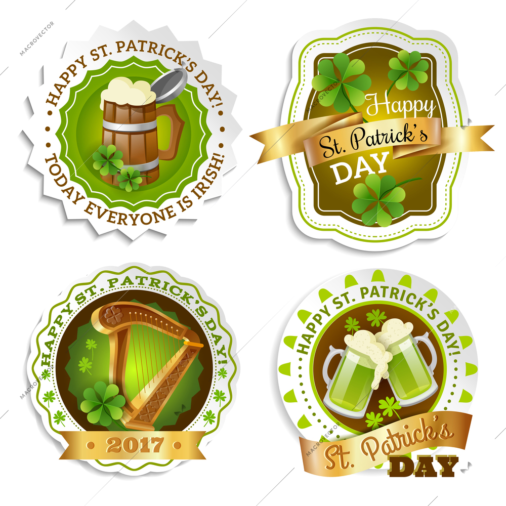 Saint Patricks day emblems set with beer and fun symbols cartoon isolated vector illustration