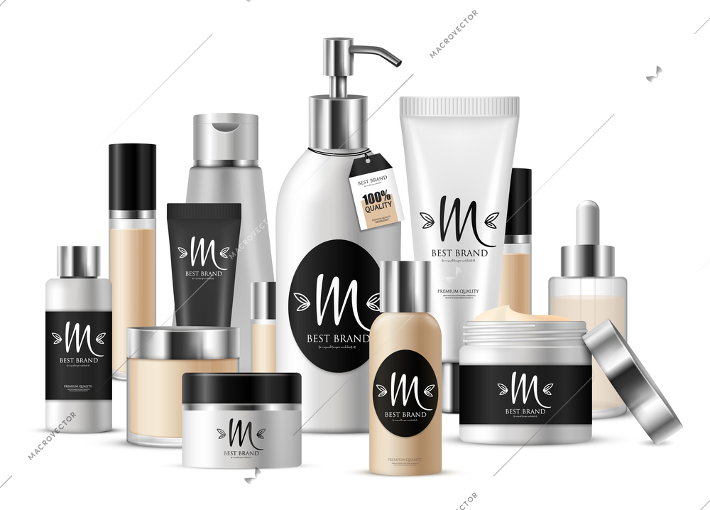 Colored cosmetic template composition for business presentation and with label with brand vector illustration