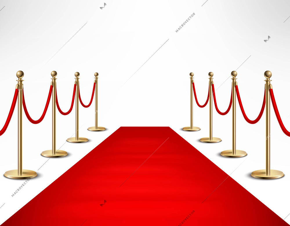 Red carpet ceremonial vip event  or head of state visit realistic image with gold barriers vector illustration