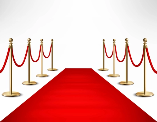 Red carpet ceremonial vip event  or head of state visit realistic image with gold barriers vector illustration