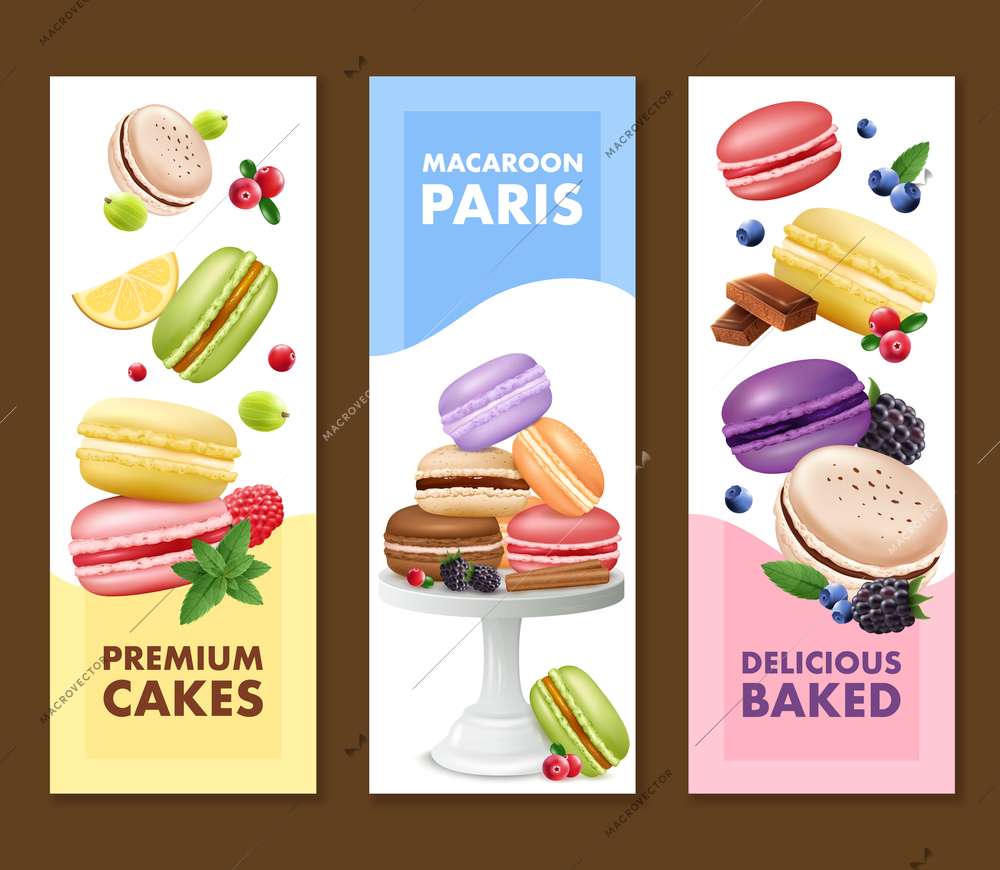 Set of three isolated vertical macaroons banners with compositions of colorful ratafee goods and ingredients images vector illustration