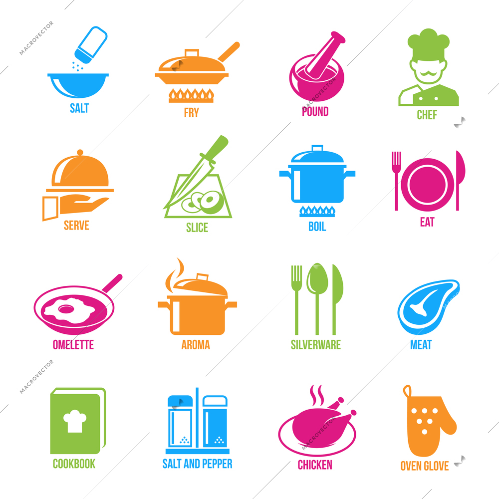 Cooking kitchen and restaurant icons set with salt fry chef serve slice boil  isolated vector illustration